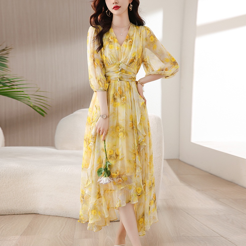 Đầm Nữ Tay Lỡ Ôm Eo In Họa Tiết Màu Vàng Phong Cách Châu Âu Thời Trang Mùa Hè
