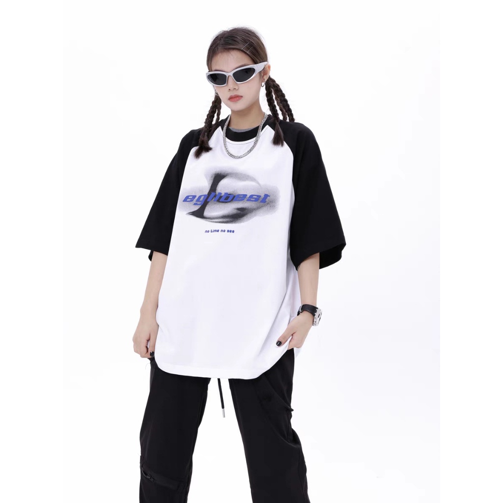 Áo thun tay lỡ Raglan phối màu tay áo đen trắng họa tiết ngôi sao 2 chiều áo form rộng Hot hè 2023