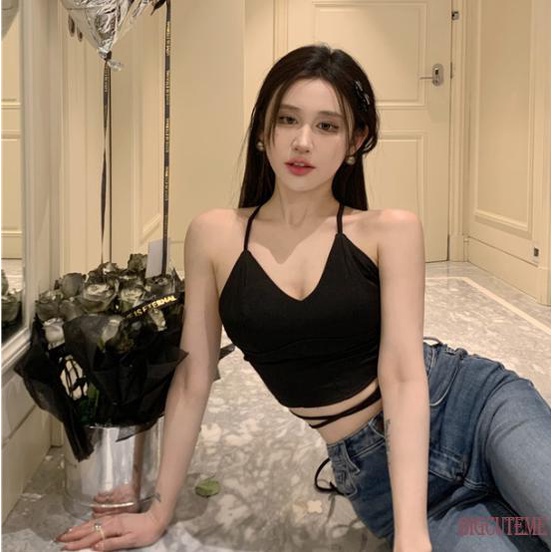 Áo Tank Top Hai Dây Cổ Chữ V Màu Trơn Thời Trang Dành Cho Nữ Đen