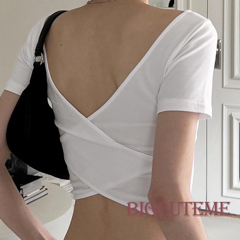 Áo Thun Crop Top Trắng Tay Ngắn Dây Chéo Lưng Thời Trang Mùa Hè Cho Nữ