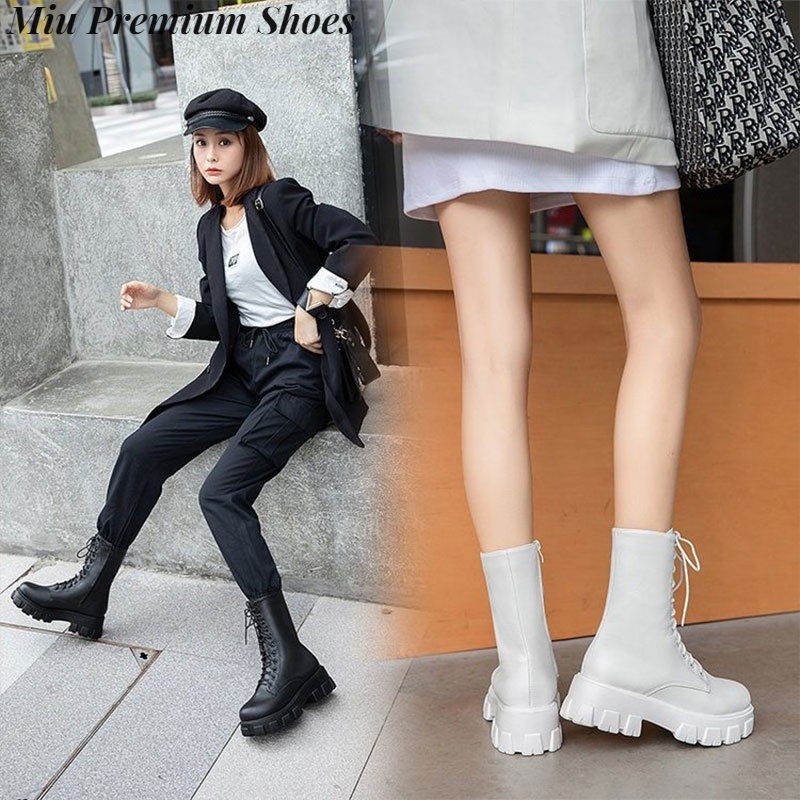Giày Bốt Martin Đế Xuồng Gót Vừa Phối Khóa Kéo Bên Hông Thời Trang Cá Tính Cho Nữ
