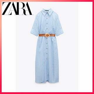Zara đầm sơ mi vải lanh kẻ sọc phối thắt lưng cá tính cho nữ