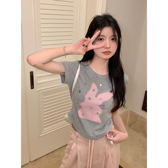 Áo Thun Tay Ngắn In Hình Thỏ Thời Trang Mùa Hè 2023 Cho Nữ