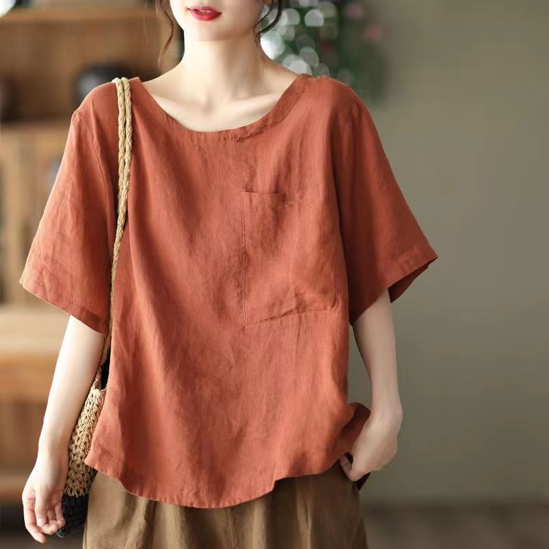 Áo Thun Cotton Lanh Cổ Tròn Tay Ngắn Dáng Rộng Phối Túi Thời Trang Mùa Hè Hàn Quốc Mới 2023