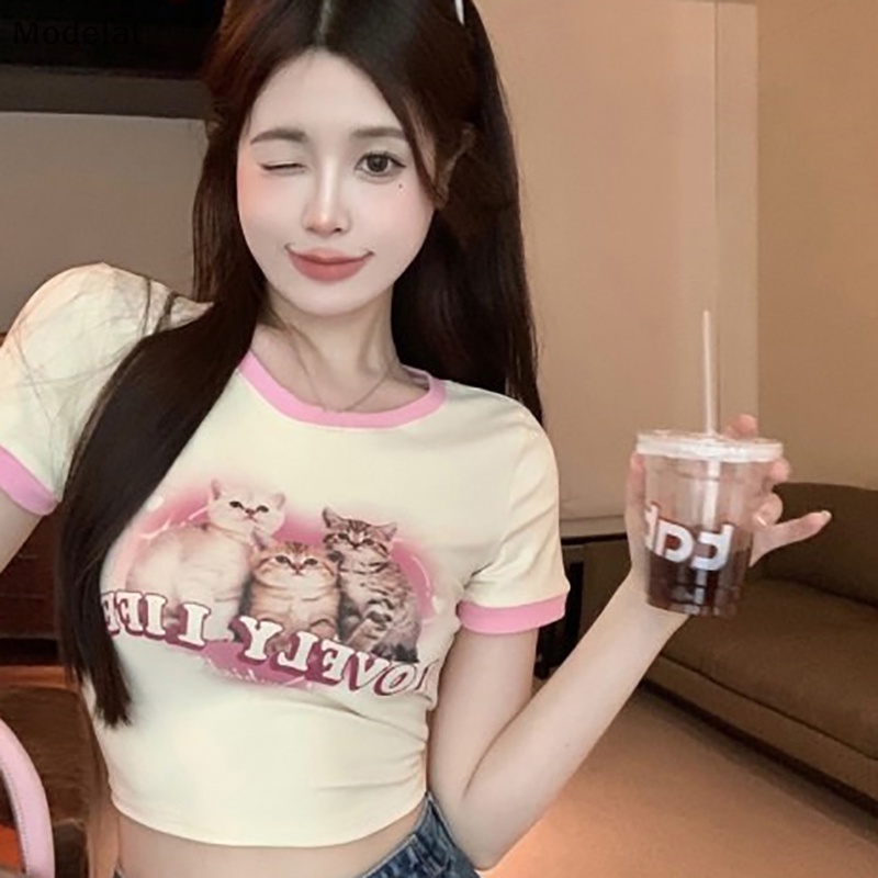 Áo Thun Crop Top Tay Ngắn Cổ Tròn In Họa Tiết Mèo Hoạt Hình Phối Màu Tương Phản Thời Trang Mùa Hè Cho Nữ