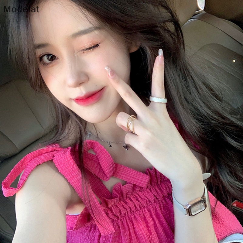 Áo Hai Dây Mùa Hè Dáng Suông Cột Nơ Màu Trơn Ngọt Ngào Cho Nữ