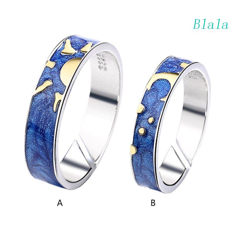Bộ 2 Nhẫn Đeo Tay Bằng Hợp Kim Tráng Men Họa Tiết Bầu Trời Đầy Sao Màu Sắc Xanh Dương Độc Đáo Không Phai Màu Cho Nam