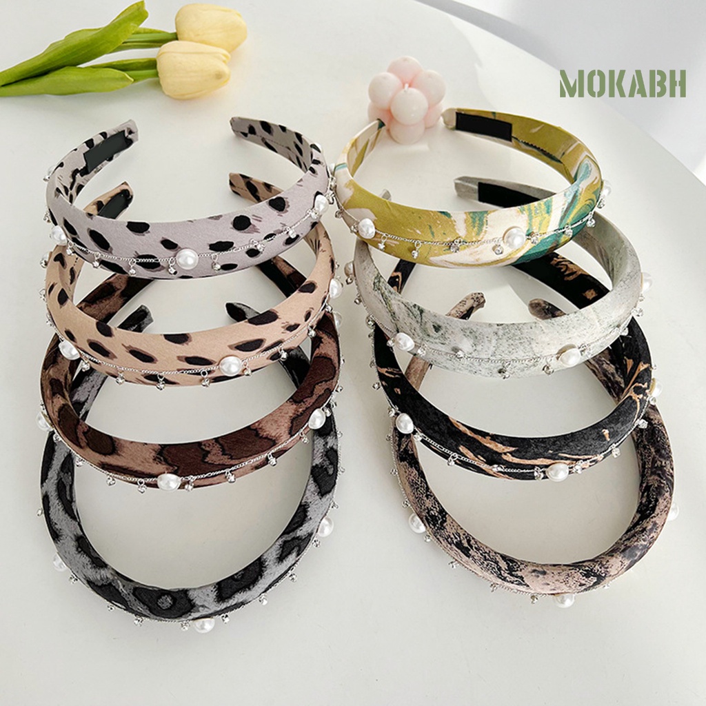 Băng Đô Cài Tóc Đính Đá Ngọc Trai Nhân Tạo Họa Tiết Da Báo Thời Trang Cho Nữ