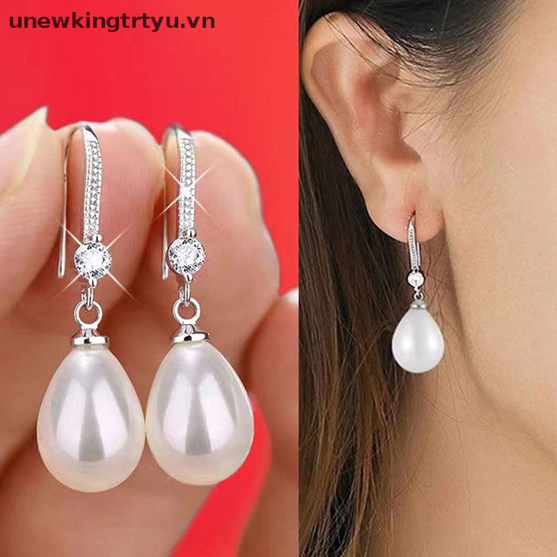 Khuyên Tai Đính Hạt Ngọc Trai Hình Giọt Nước / Hình Oval Màu Đỏ / Trắng Thời Trang Sang Trọng Cho Nữ