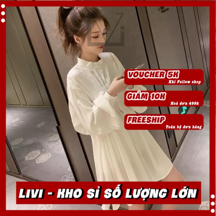 Đầm Sơ Mi Cổ Trụ Xếp Ly Tay Phồng Dáng Xoè Nhẹ Công Sở Dạo Phố Thanh Lịch