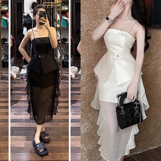 Đầm nữ thiết kế midi hai dây bèo hông