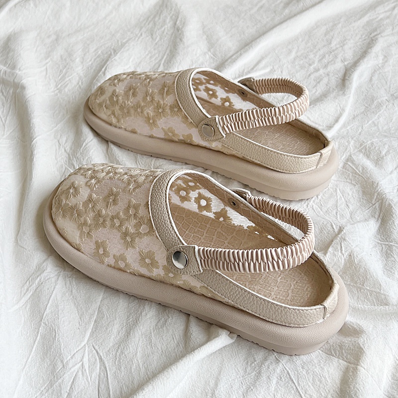 Duoya Tóc Thẳng ~ [Hàng Có Sẵn] Giày Sandal Bít Mũi Đế Mềm Thoáng Khí Phối Ren Rỗng Đơn Giản Dễ Phối Đồ Hàng Miễn Phí Cho Nữ