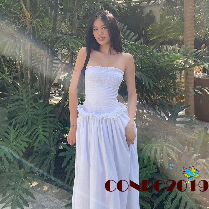 Đầm Dài Dáng Chữ A Hở Lưng Cổ Thuyền Màu Trơn Thời Trang Mùa Hè Dành Cho Nữ