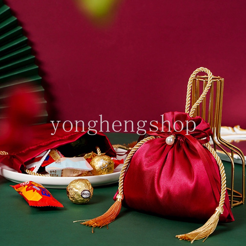 Túi Dây Rút Đựng Kẹo Đính Ngọc Trai Và Tua Rua Sáng Tạo