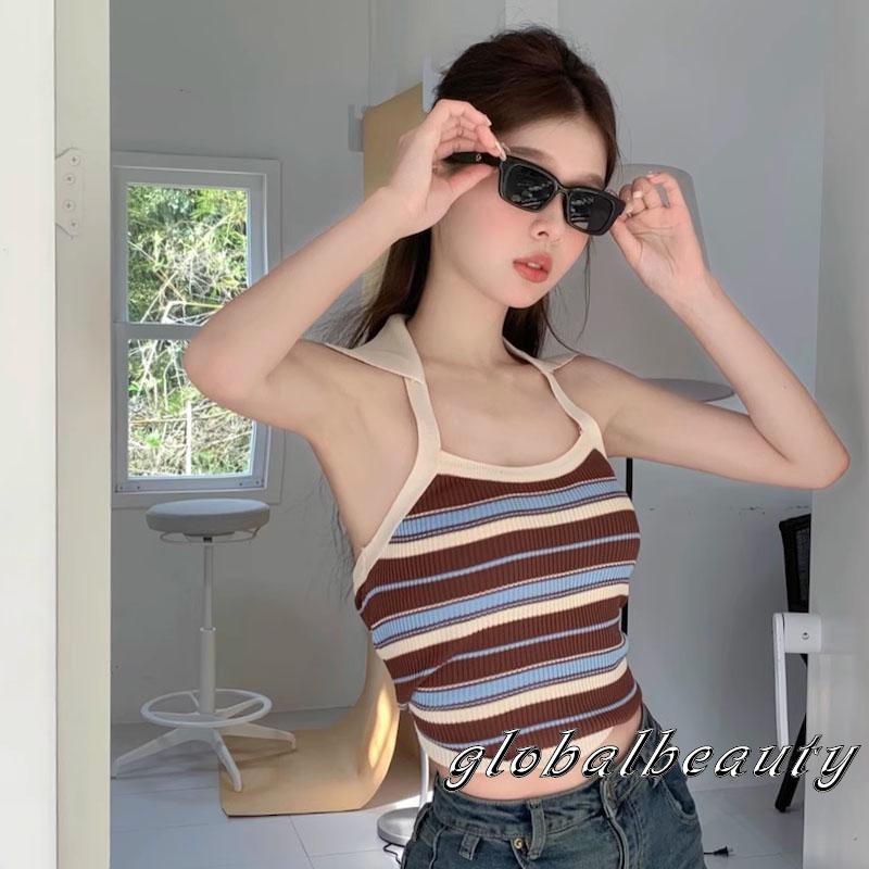 Áo Tank Top Dệt Kim Không Tay Họa Tiết Kẻ Sọc Đơn Giản Thời Trang Mùa Hè Dành Cho Nữ