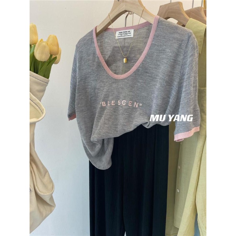 Áo Thun Lụa Lạnh Mỏng Tay Ngắn Thoáng Khí In Chữ Mới Mùa Hè Cho Nữ