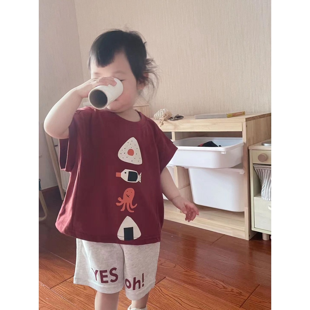 Set Áo Thun Tay Ngắn + Quần Short In Họa Tiết Vui Nhộn Phong Cách Hàn Quốc Mới Cho Bé