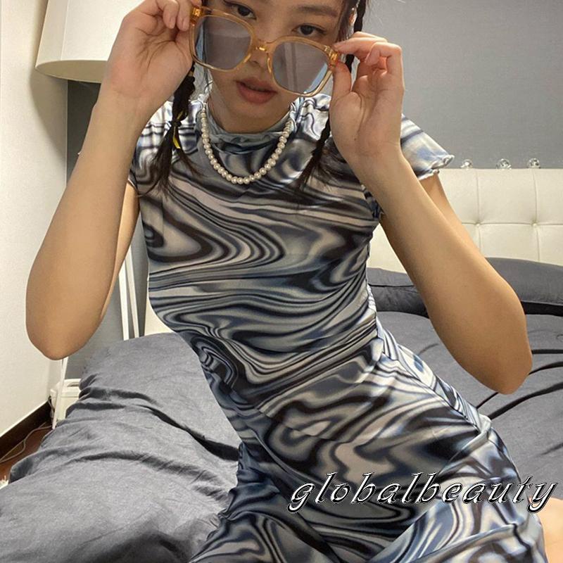 Đầm Tay Ngắn Cổ Cao Dáng Ôm In Họa Tiết Gợn Sóng Thiết Kế Đơn Giản Thời Trang Quyến Rũ Cho Nữ