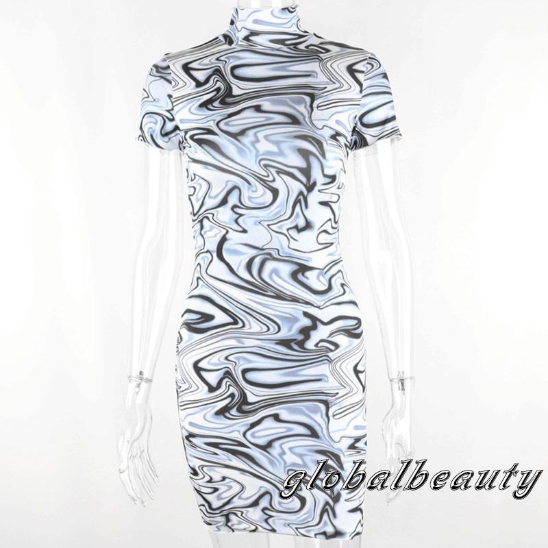 Đầm Tay Ngắn Cổ Cao Dáng Ôm In Họa Tiết Gợn Sóng Thiết Kế Đơn Giản Thời Trang Quyến Rũ Cho Nữ