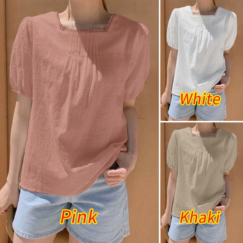 ZANZEA Áo Kiểu Cotton Tay Ngắn Phồng Cổ Vuông Màu Trơn Thời Trang Hàn Quốc Cho Nữ