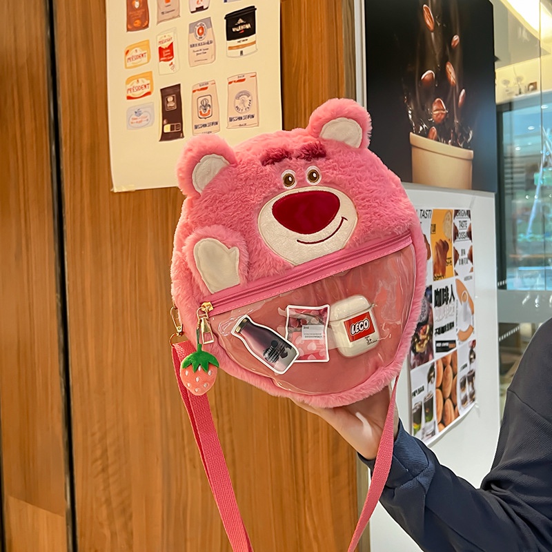 Alphaz Túi Đeo Chéo Trong Suốt Phối Lông Xù Kiểu Hoạt Hình Gấu Dâu Tây Đáng Yêu