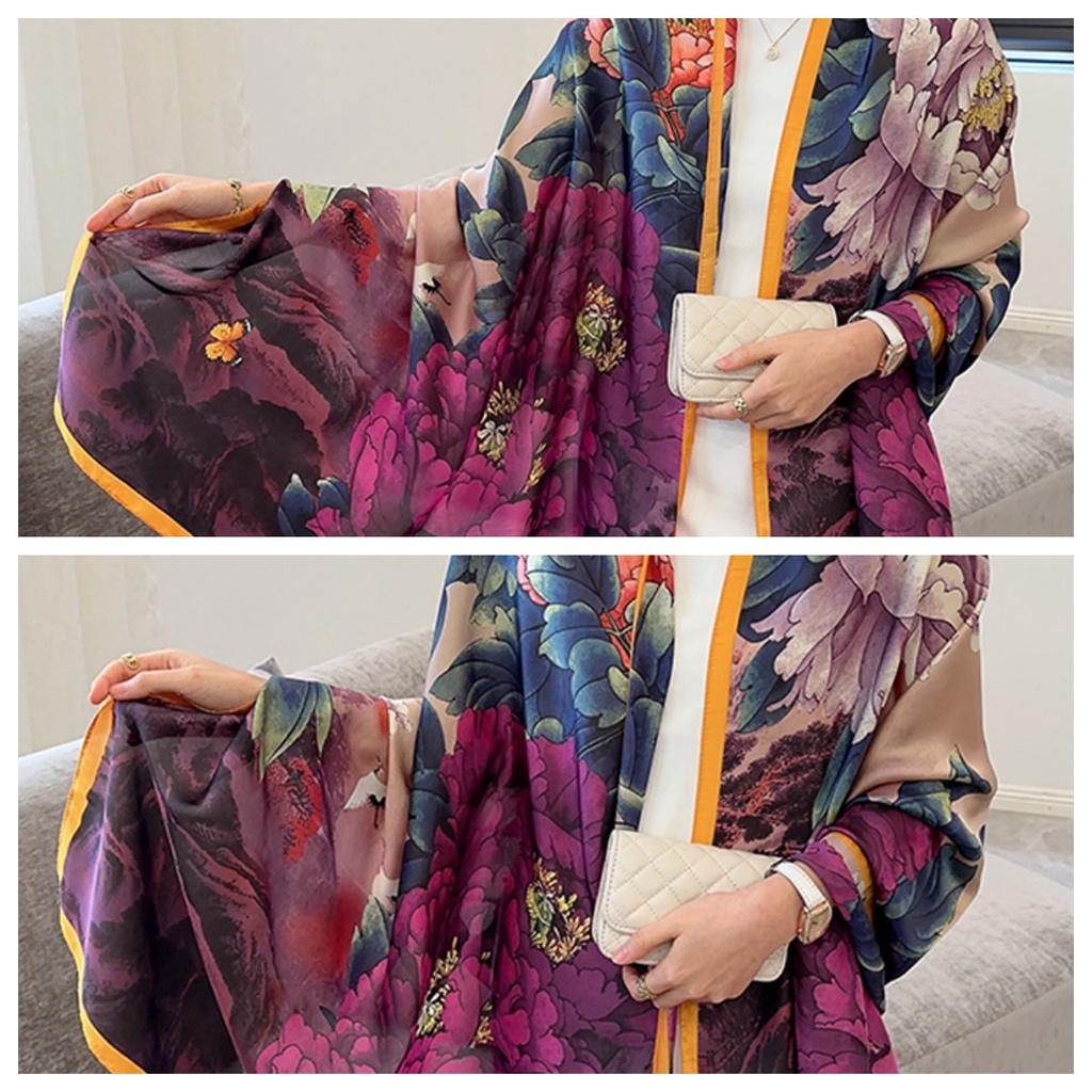 Khăn Quàng Cổ Chống Nắng Bằng Lụa Cỡ Lớn 180 * 90CM In Họa Tiết Hoa Mẫu Đơn Sang Trọng Cho Nữ