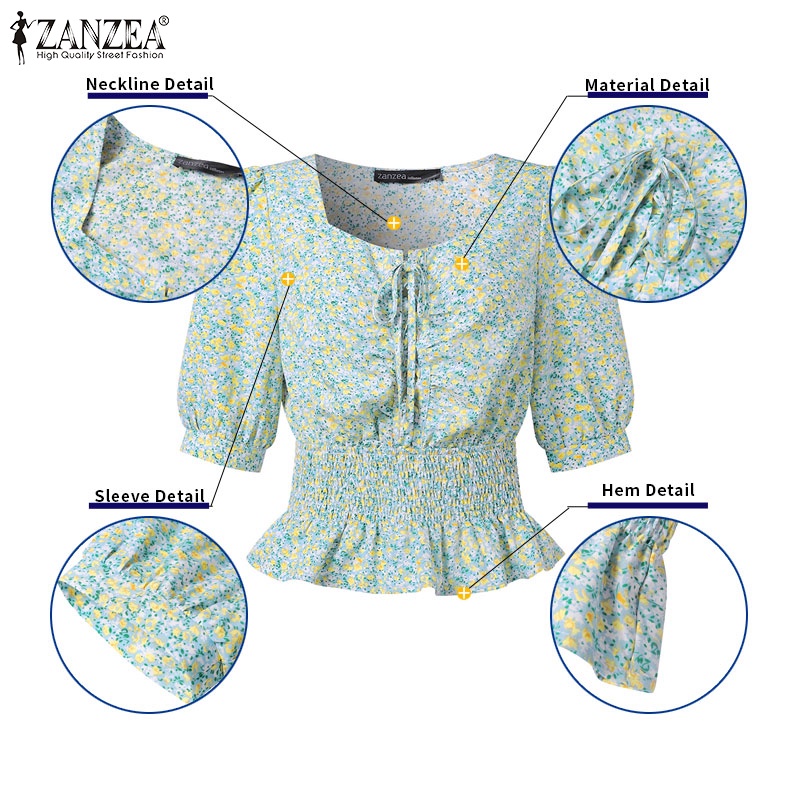 Áo kiểu ZANZEA cổ vuông tay phồng in họa tiết hoa phong cách Hàn Quốc thời trang cho nữ