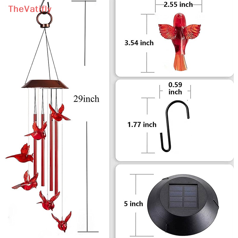 [Thevalifly] Dây Đèn LED Chuông Gió Dạng Xoắn Ốc Hình Chim Đỏ Chạy Bằng Năng Lượng Mặt Trời