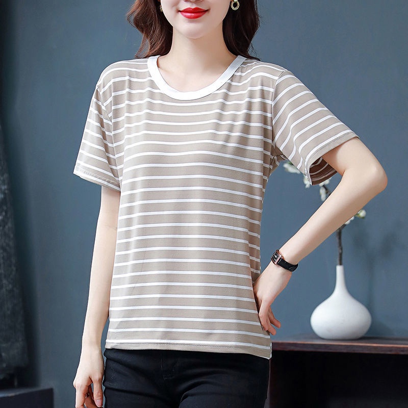 Áo Thun Tay Ngắn Dáng Rộng Họa Tiết Sọc Thời Trang Mùa Hè Cho Phụ Nữ Trung Niên