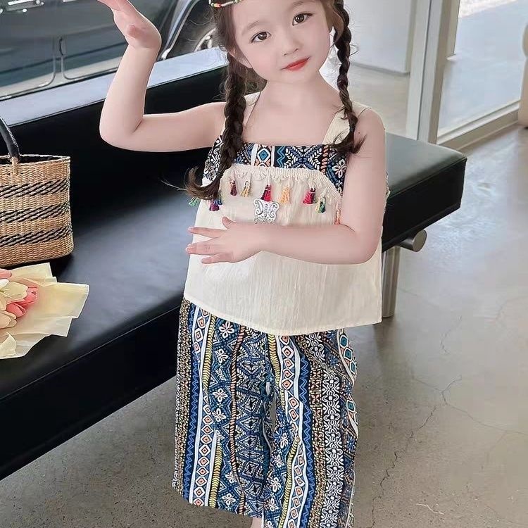 Set Áo Hai Dây Thêu Họa Tiết Thổ Cẩm + Quần Thời Trang Cho Bé Gái