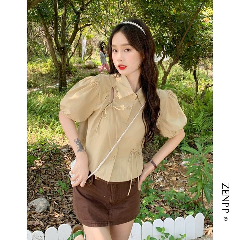 Áo Thun Ngắn Tay Dáng Rộng Phối Dây Rút Thời Trang Mùa Hè Dễ Thương