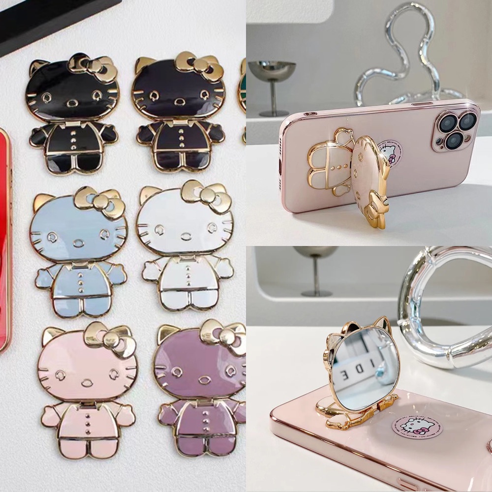 Giá Đỡ Điện Thoại / Gương Trang Điểm Mạ Điện Họa Tiết Hoạt Hình Hello Kitty Đáng Yêu Có Thể Điều Chỉnh Để Bàn