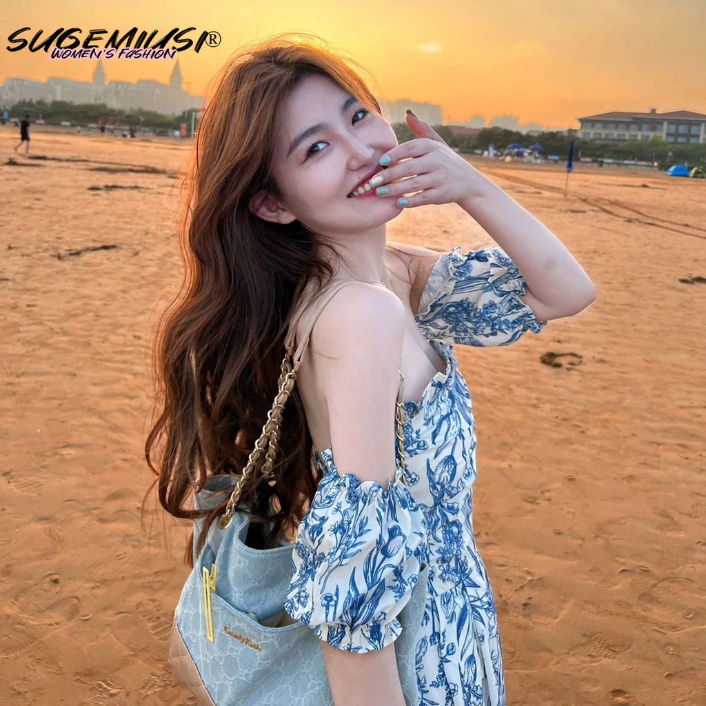 Sugemiusi  Đầm Hai Dây Dáng Dài Hở Vai Eo Cao Họa Tiết Hoa Phong Cách Pháp Thời Trang Mùa Hè Dành Cho Nữ