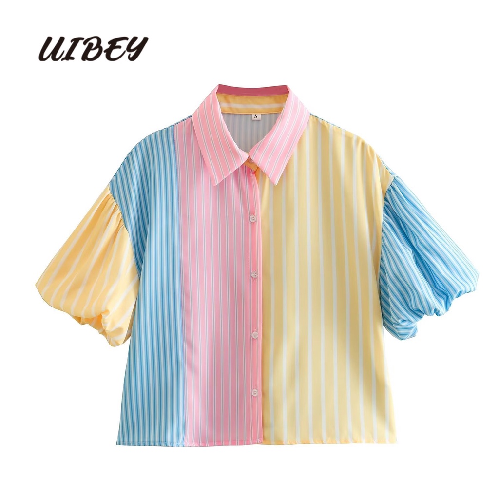 Uibey Bán Sỉ Áo Sơ Mi Tay Phồng Cổ Bẻ Ghép Nối Họa Tiết Kẻ Sọc Nhiều Màu Sắc 426