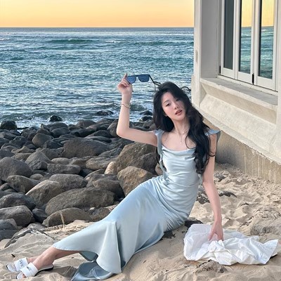 Đầm Hai Dây Dáng Dài Vải Satin Phối Bèo Thời Trang Mùa Hè Xinh Xắn Cho Nữ