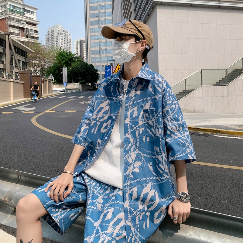 Set Đồ Thể Thao Phối Áo Sơ Mi Tay Ngắn Dáng Rộng Cỡ Lớn Thời Trang Hè Cá Tính Cho Nam