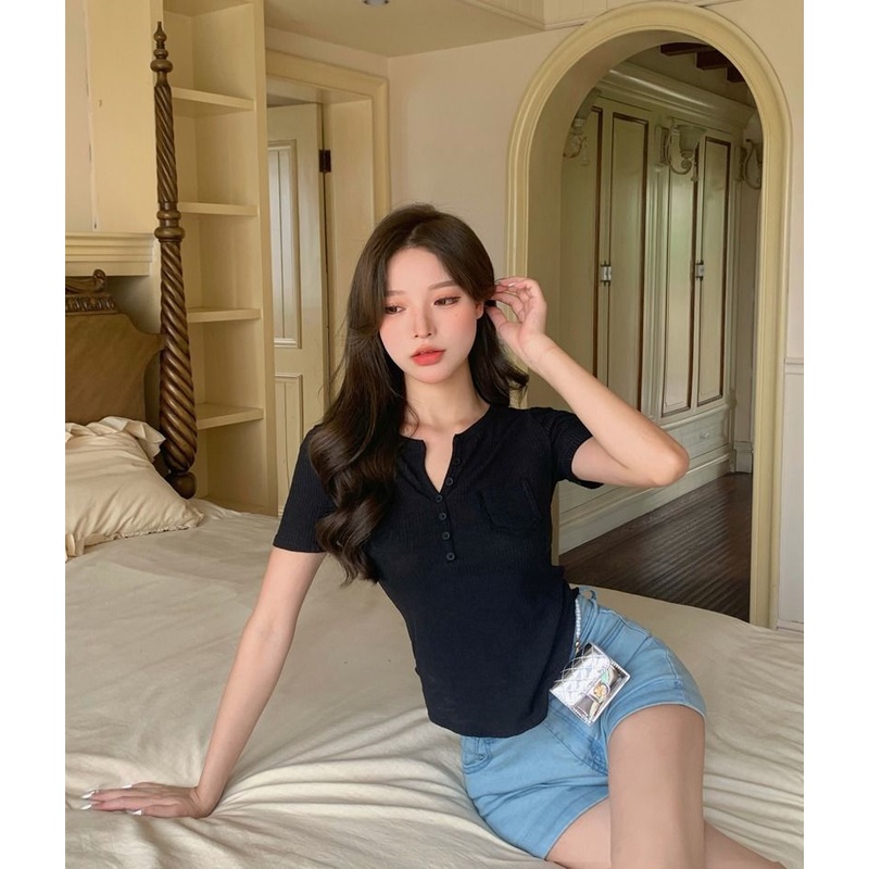 COZOK Áo Thun Tay Ngắn Màu Trơn Dáng Ôm Phong Cách Thời Trang Retro