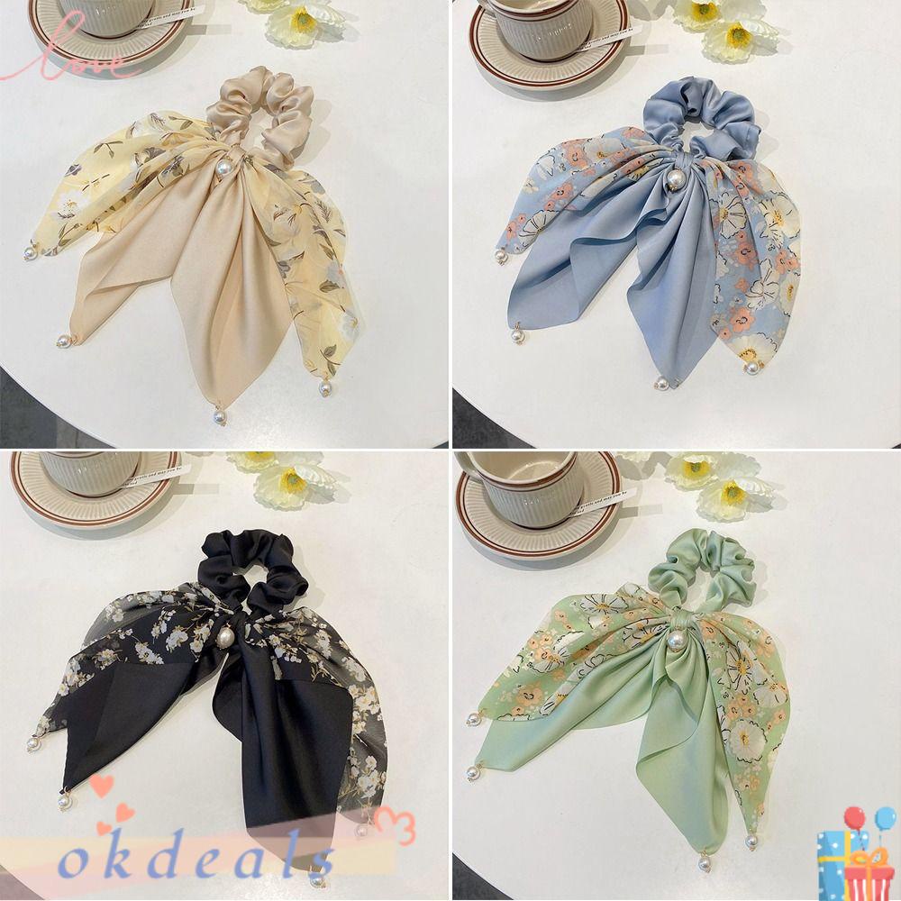 Bộ 2 Dây Cột Tóc Co Giãn Đính Nơ In Hoa Thời Trang Cho Nữ