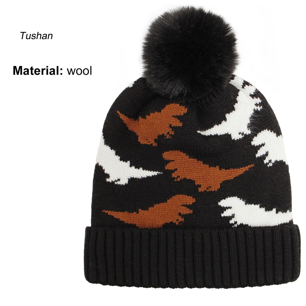 Mũ Beanie Dệt Kim Viền Xoăn Đính Bóng Lông Họa Tiết Khủng Long Hoạt Hình Thời Trang Thu Đông Cho Bé