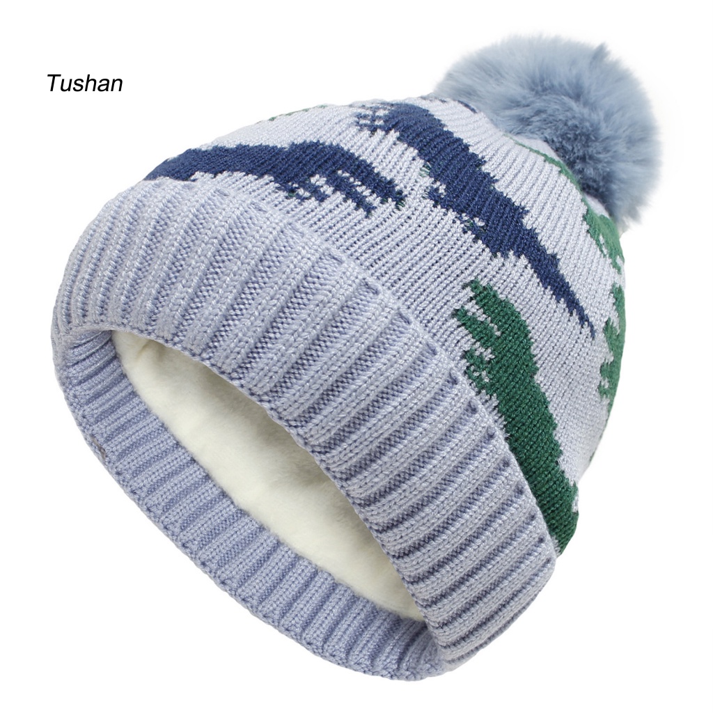 Mũ Beanie Dệt Kim Viền Xoăn Đính Bóng Lông Họa Tiết Khủng Long Hoạt Hình Thời Trang Thu Đông Cho Bé