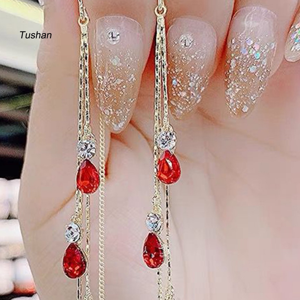 1 Đôi Bông Tai Dáng Dài Đính Pha Lê Giả Màu Sắc Tương Phản Chất Lượng Cao Dành Cho Nữ