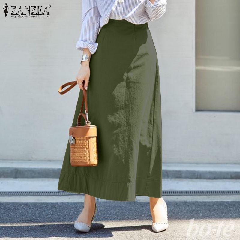 Zanzea Chân Váy Cotton Màu Trơn Lưng Cao Có Khóa Kéo Phong Cách Hàn Quốc Cho Nữ