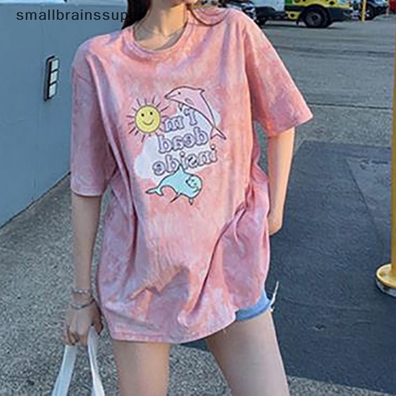 Áo Thun Ngắn Tay Cổ Tròn Dáng Rộng In Màu Nhuộm Thời Trang Mùa Hè Cho Nữ