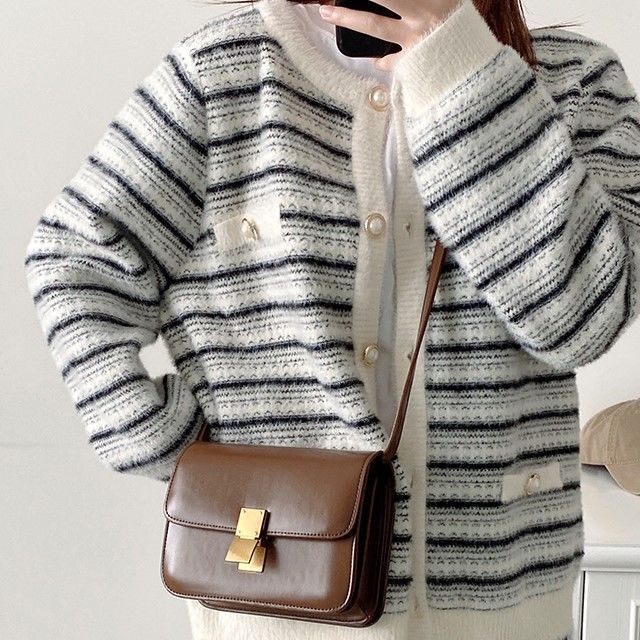 Áo Cardigan Cổ Tròn Tay Dài Họa Tiết Kẻ Sọc Thiết Kế Mới Thời Trang Dành Cho Nữ