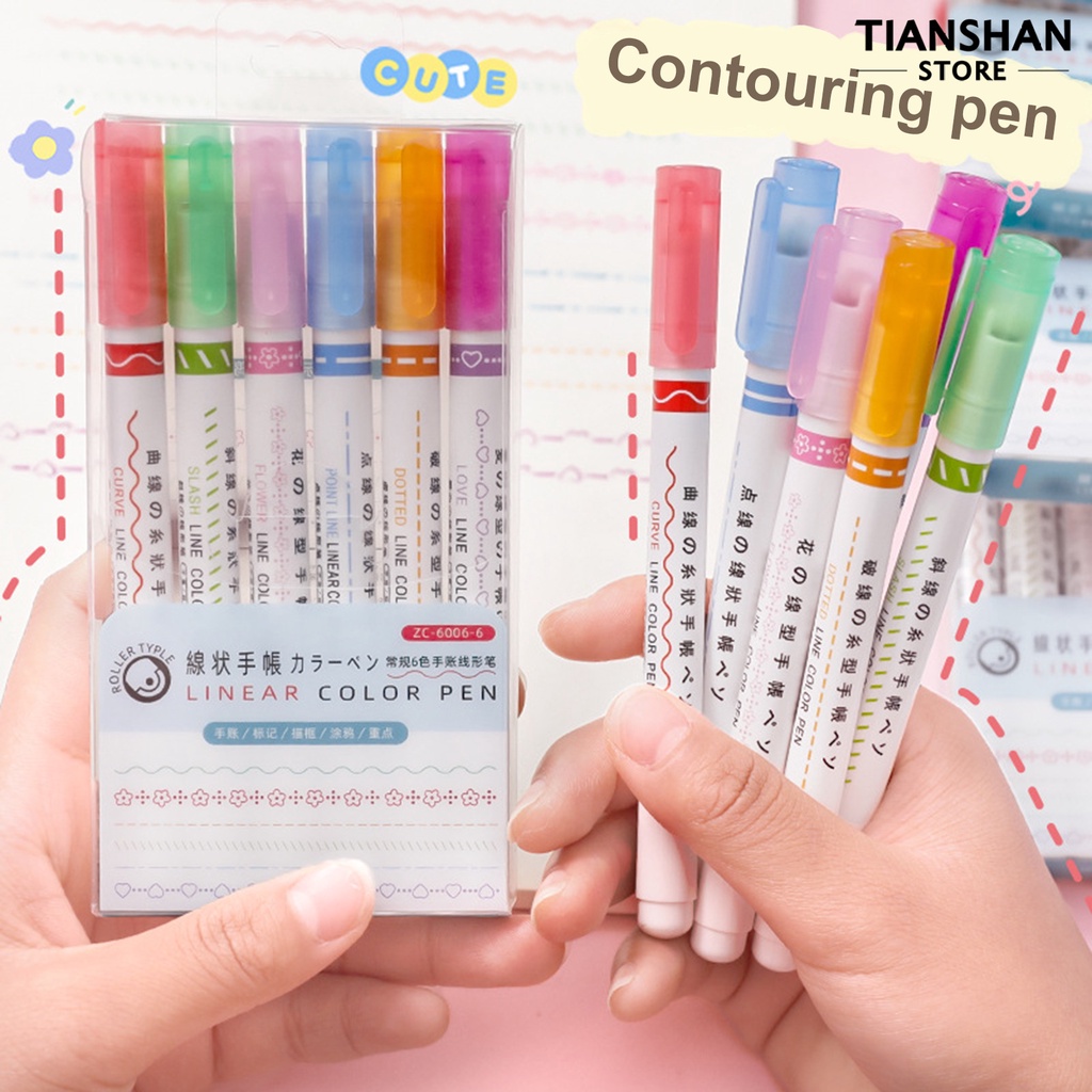 Set 6 Bút Đánh Dấu Đường Cong Nhanh Khô Nhiều Màu Sắc