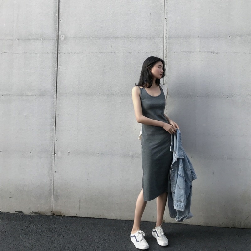 Đầm Hai Dây Cổ Tròn Dáng Chữ A Màu Đen Phong Cách Hàn Quốc Thời Trang Quyến Rũ Cho Nữ
