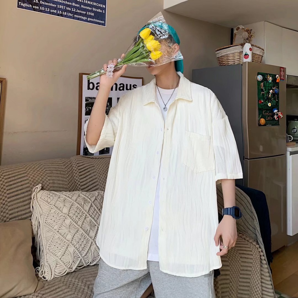 Áo Sơ Mi Tay Lửng Dáng Rộng Xếp Ly Gợn Sóng Thời Trang Mùa Hè Cho Nam