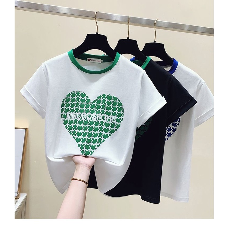 Áo Thun Cotton Trơn Tay Ngắn In Hình Trái Tim Thời Trang Mùa Hè 2022 Mới Cho Bé Gái