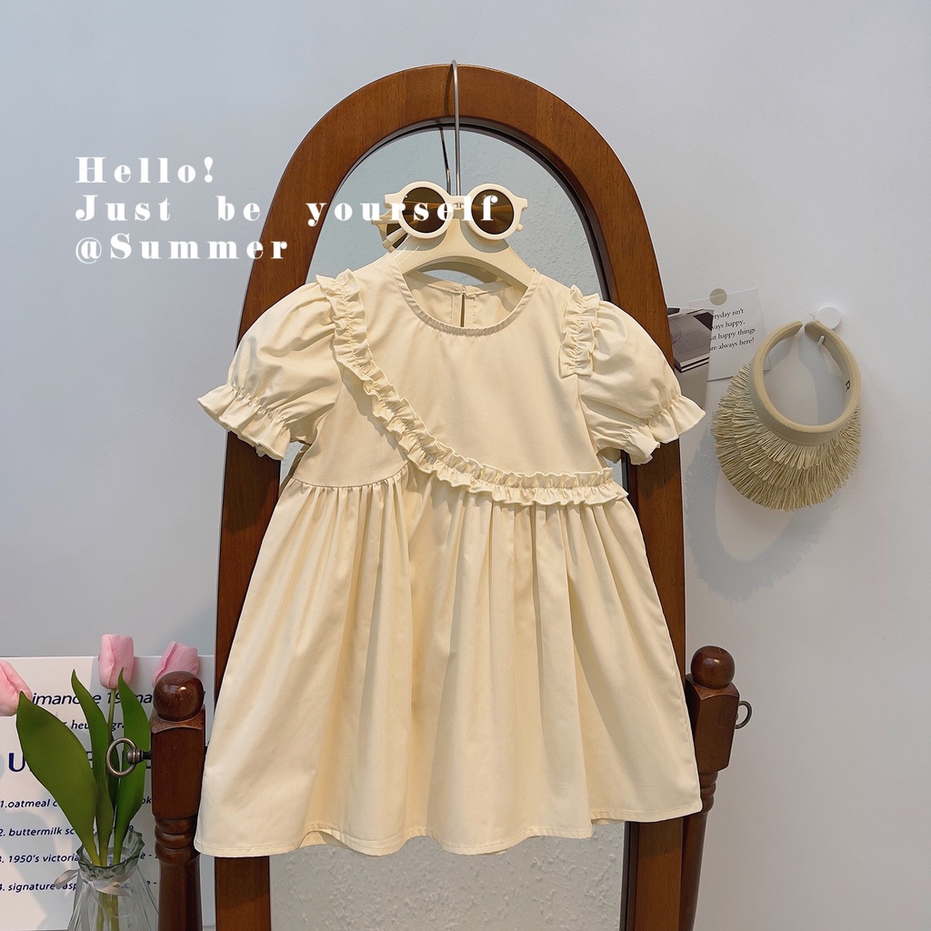 Hàng Có Sẵn Đầm Một Mảnh Tay Ngắn Phồng Phối Ren Màu Trơn Đơn Giản Thời Trang Mùa Hè Phong Cách Hàn Quốc Dành Cho Bé Gái