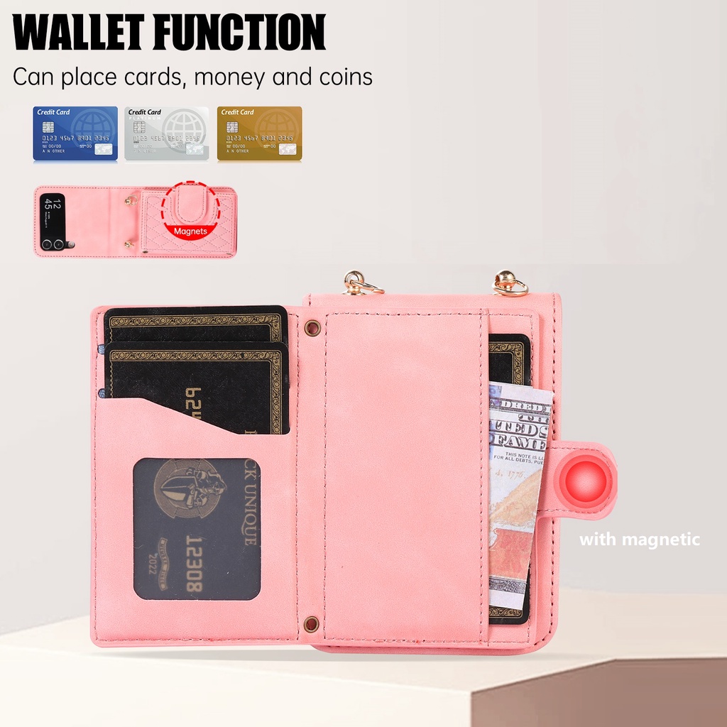 Cho Samsung Z Flip 5 Flip 4 3 5G Galaxy Flip5 Bao Da Điện Thoại Dạng Ví Nắp Lật Có Ngăn Đựng Thẻ Và Dây Đeo Vai